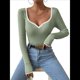 thumbnail image 3 of Camiseta de Larga con Escote Corazón para Mujer, de Punto Acanalado y Ribete en Contraste. Verde S, 3 of 8
