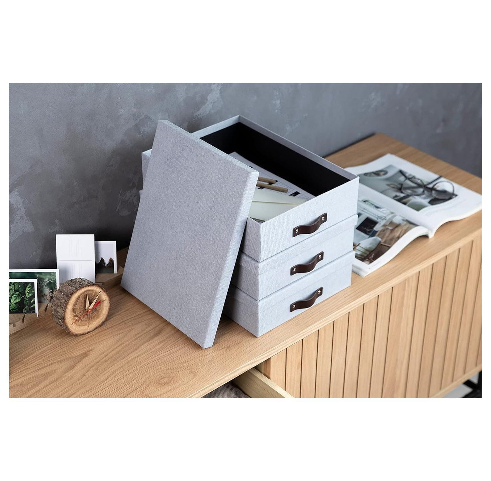 Bigso Oskar Canvas Fiberboard Document Letter Box - File Organizer Box for Important Paperwork - Document Storage with a Lid & Handle - 3.3 in x 10.2 in x 13.8 in - 3 Pack - Blue