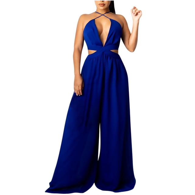 Womens Halter Neck Backless Loose Chiffon One-Piece Wide Leg Jumpsuit Overalls Full Length Long Pants Beach Boho Rompers