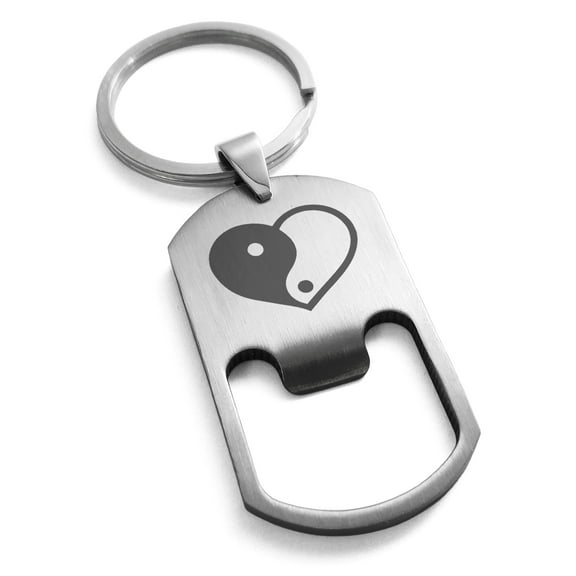 Stainless Steel Yin Yang Heart Engraved Bottle Opener Dog Tag Keychain Keyring