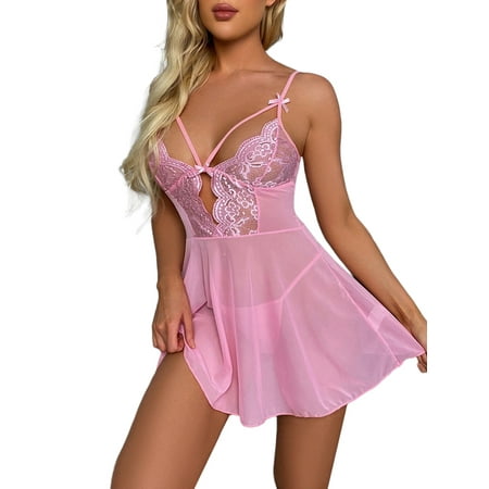

WISEFIN Women s Underwear Lace V-Neck Sexy Sheer Babydoll Nightdress with G-Strings Lingerie Sets