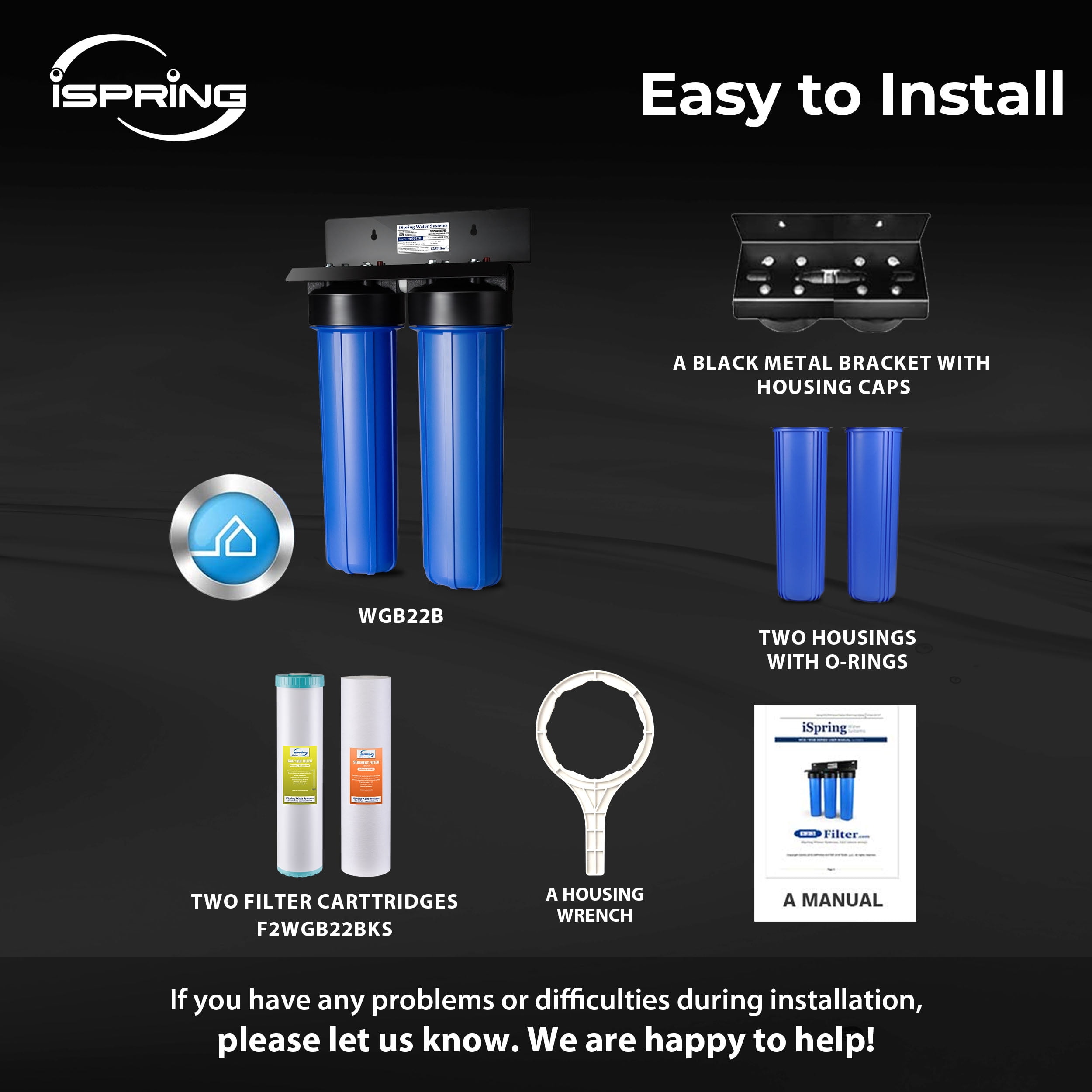 iSpring Whole House Water Filter System, Reduces Sediment, PFAS, Heavy Metals, Chlorine, Chloramine, Hydrogen Sulfide, 2-Stage Whole House Water Filtration System, Model: WGB22B-KS