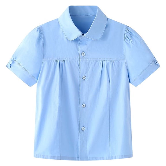 dazeni Girls School Uniform Cotton Tops Peter Pan Button Down Shirts Pleates Short Sleeve Blouse Tee for Teen Light Blue Size 4-5 Years