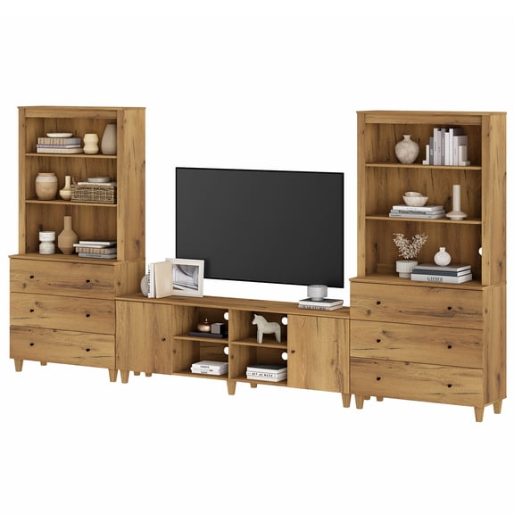 Modern TV Stand and Bookcase Set with Drawers & Cabinets,Oak Brown