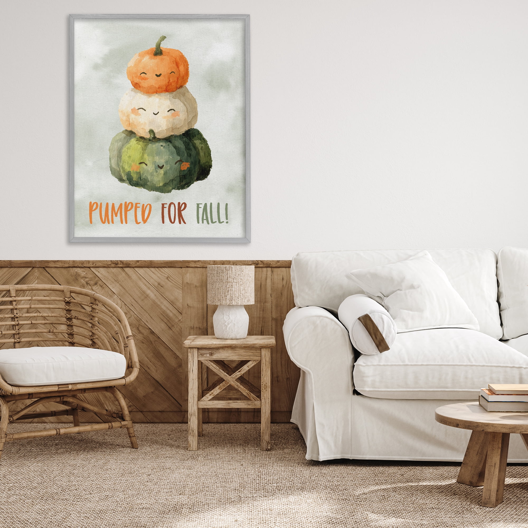Stupell Industries Smiling Pumpkins Pumped For Fall Gray Framed Giclee Art, design by Ziwei Li