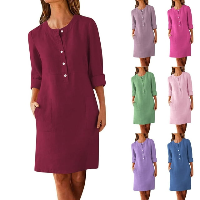 Sentmoon Womens Summer Dresses Casual with Pockets Button Crew Neck Linen Cocktail Dresses Solid Color Relaxed Long Sleeve Sun Dress Trendy for Tropical Vacation Green XXL