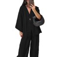 thumbnail image 1 of tasrioml Women's Cotton Linen Two Piece Outfit Long Sleeve V Neck Button Top Wide Leg Pants Casual Loungewear Set, 1 of 6
