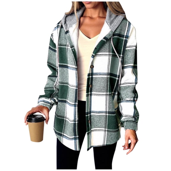 Maplenight Plaid Jackets for Women Button Down Long Sleeve Shacket Casual Fleece Lined Hooded Jackets Thermal Winter Coat with Pockets