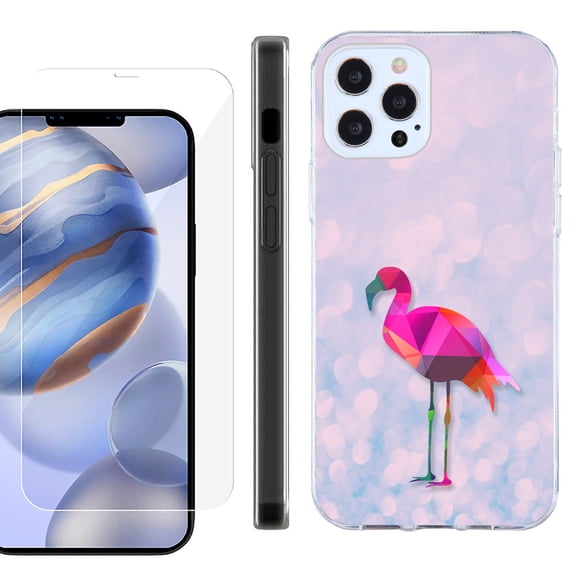 Slim Fit Protective Phone Case for Apple iPhone 12 / iPhone 12 Pro, with Tempered Glass Screen Protector, by OneToughShield ® - Flamingo / Polygon