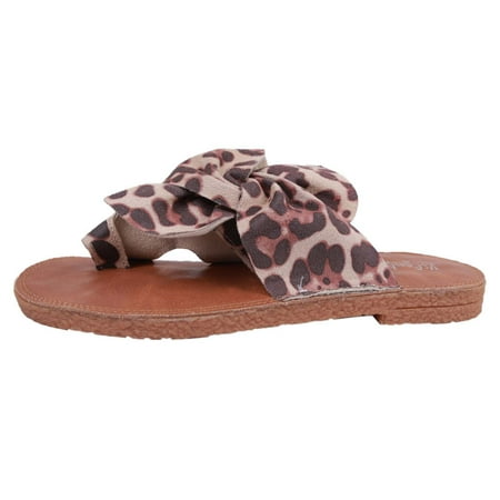 

TUOBARR Womens Flip Flop Slippers Womens Summer Casual Leopard Print Slippers Bowknot Comfortable Beach Flat Slippers Beige