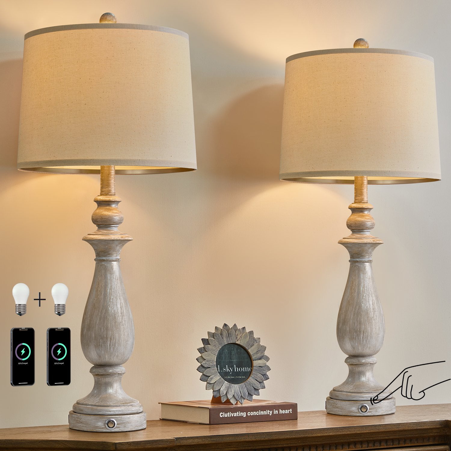 Oneach Farmhouse Table Lamps Set of 2 with USB Posrt 27.75" Modern 3