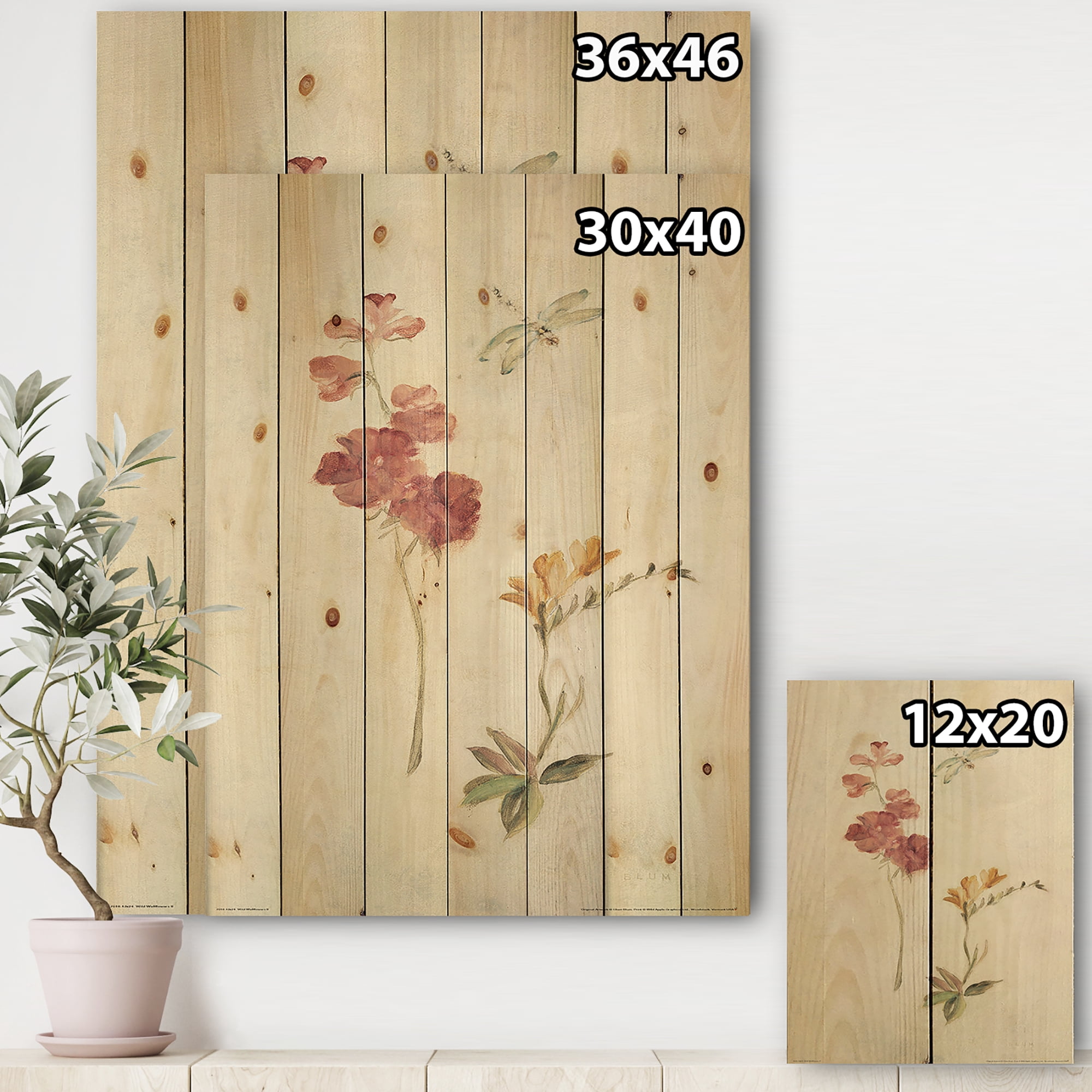 Designart 'Wild Simple Wallflowers II' Farmhouse Print on Natural Pine Wood