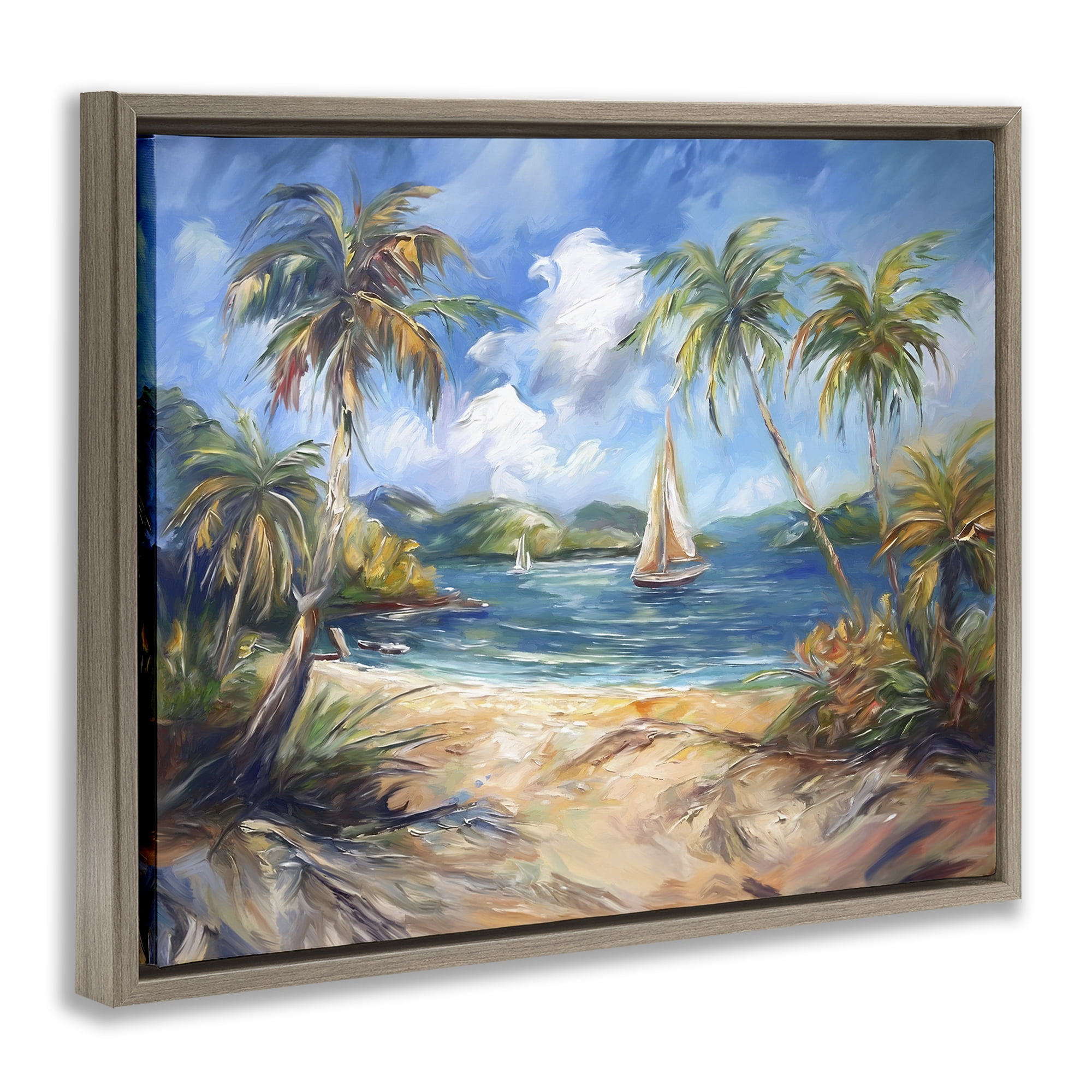 Stupell Industries Paradise Beach Harbor Coastal Painting Brown Floater Framed Canvas Art Print Wall Art, 21 x 17