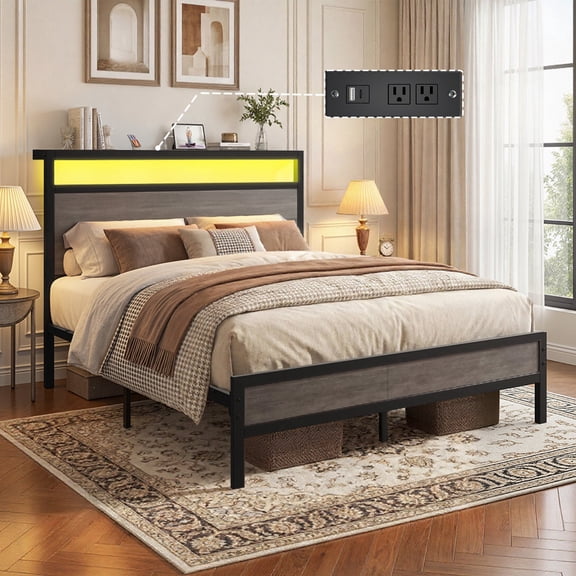 Bolvdo Full Bed Frame with Headboard, Noise-Free, Charging Station, LED Light, No Box Spring Needed, Gray