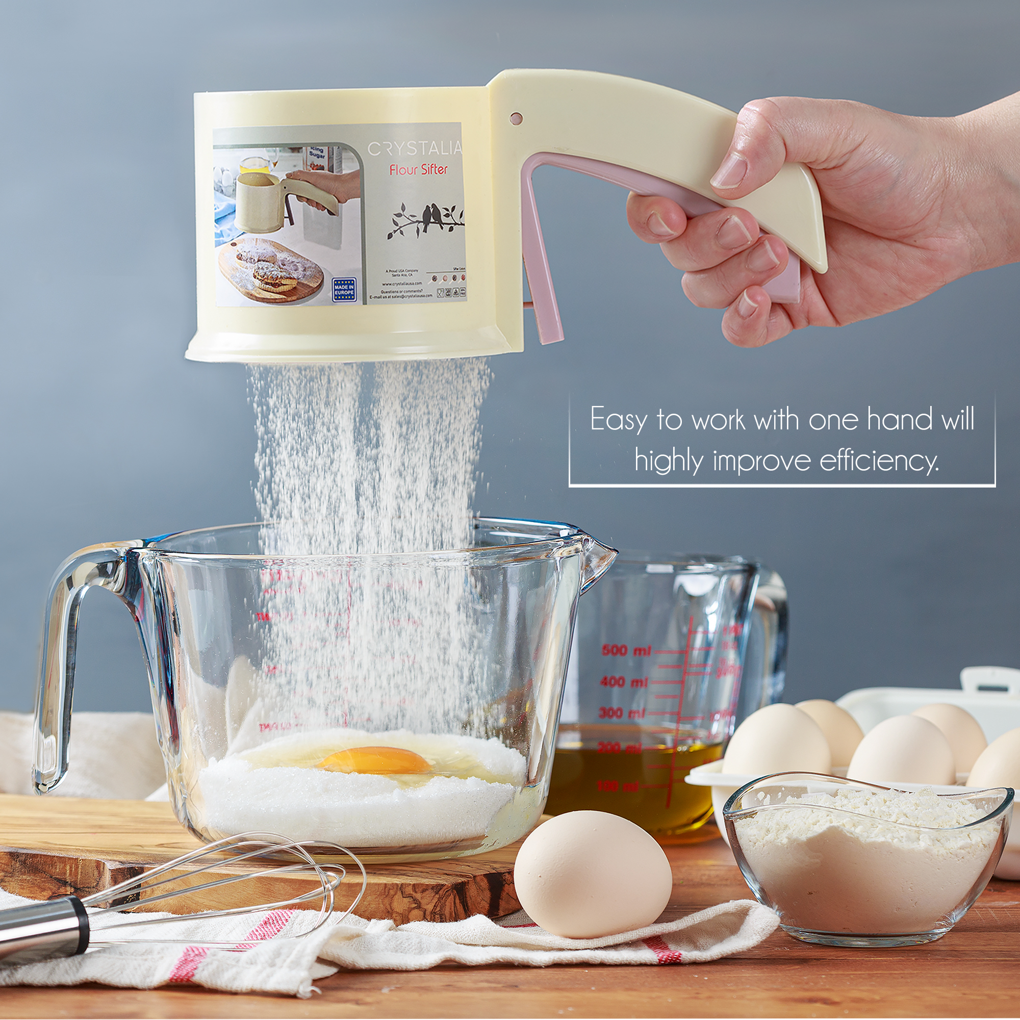 Crystalia Flour Sifter for Baking, Powdered Sugar Duster, Powder Sugar Shaker, Sifter Strainer