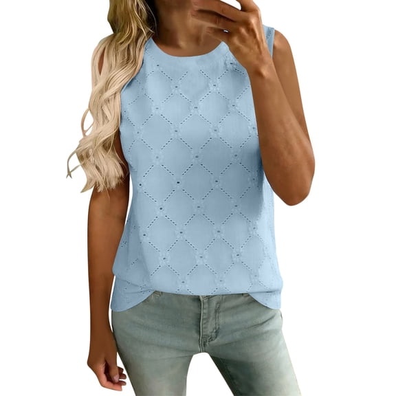 GUACER Womens Pointelle Tank Top Round Neck Eyelet Casual Sleeveless Blouse Lightweight Summer Camisole