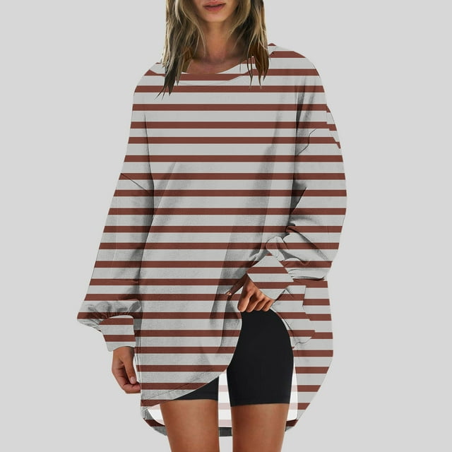 RXIRUCGD Chandail en Molleton Oversize pour Femmes, Col Rond, Manches Longues, Imprimé, Marron, Taille : S