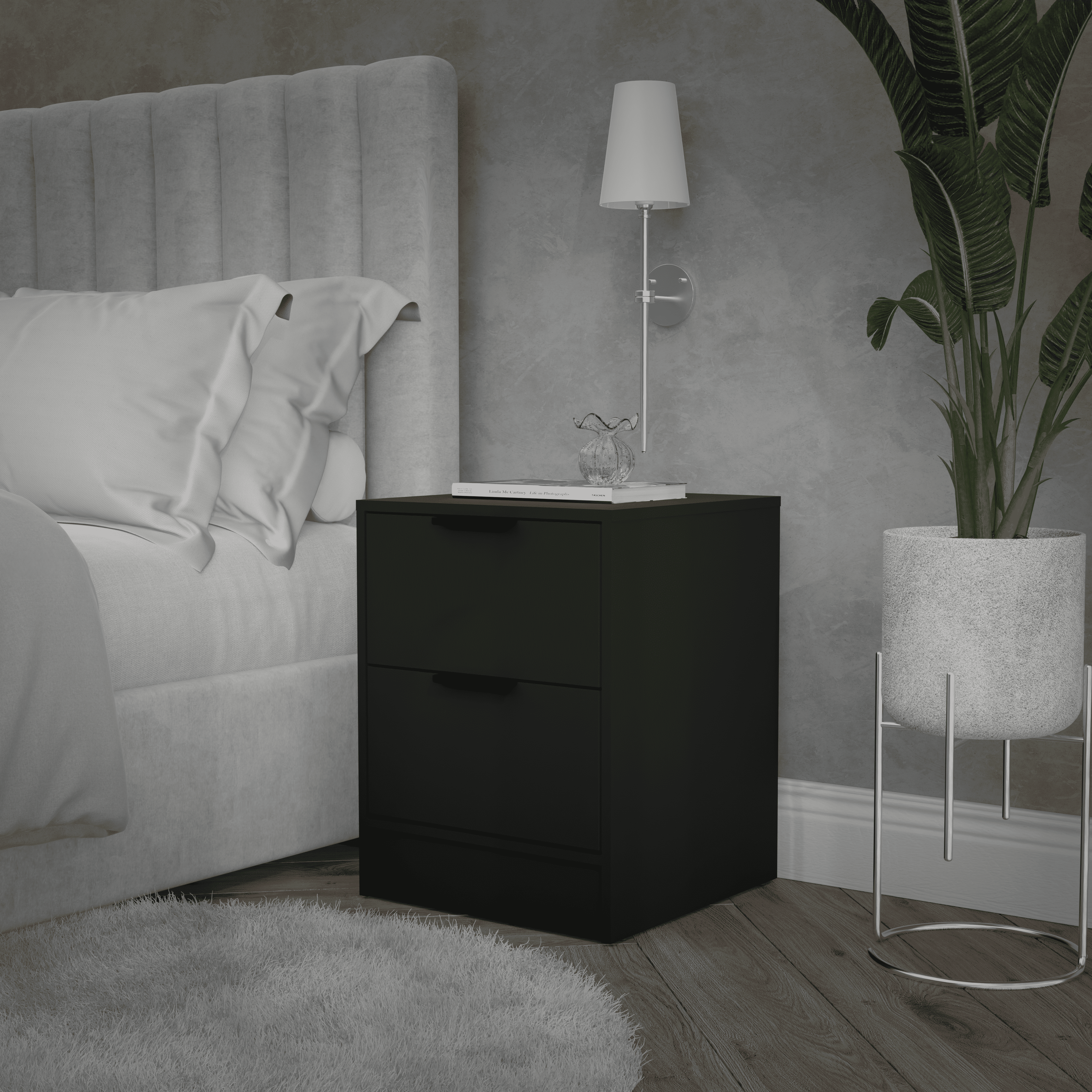 Kappesberg Fresno 2-Drawer Nightstand, Black Matte Finish – Modern Bedroom Storage for Adults & Teens