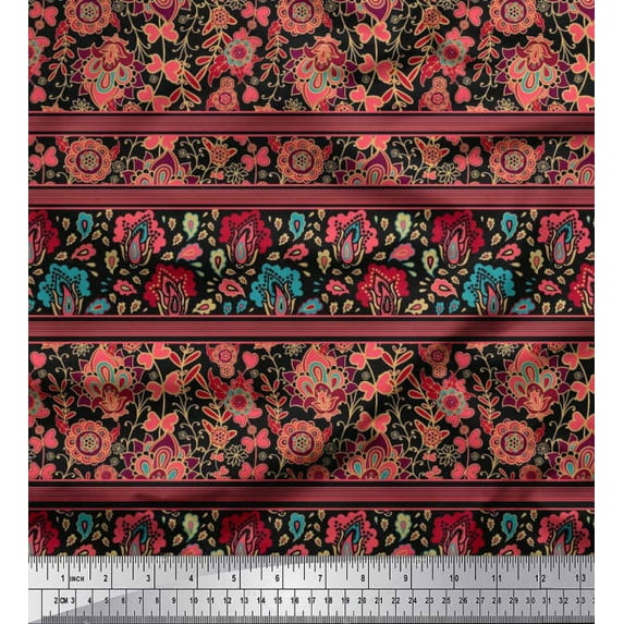 Soimoi Crepe Silk Fabric Stripe,Floral & Paisley Decorative Printed Fabric 1 Yard 42 Inch Wide