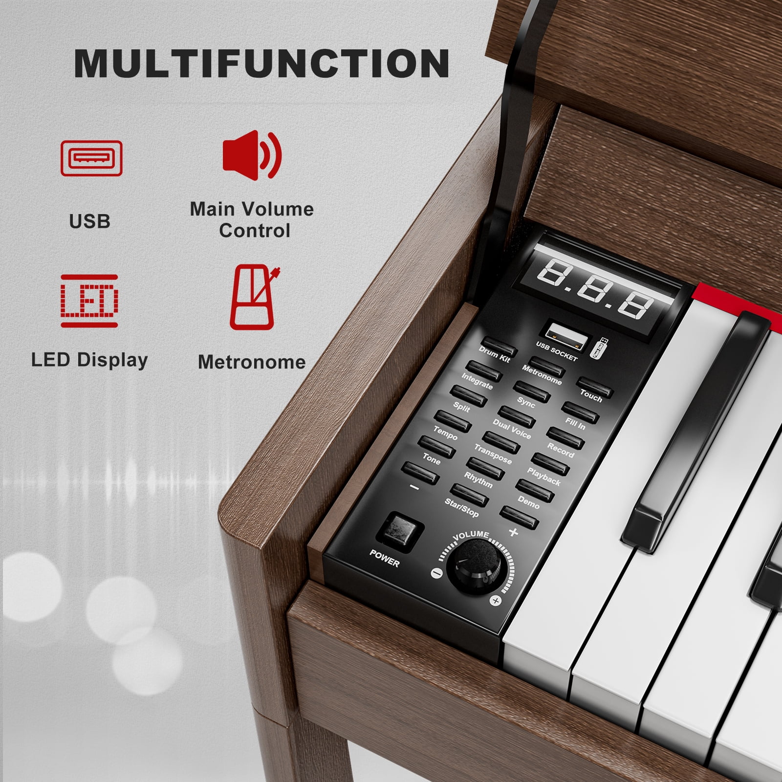 UMOMO 88 Weighted Key Digital Piano with Duet Piano Bench, Beginner Keyboard Piano Full Size Heavy Hammer Weighted Action Electric Piano Keyboard with USB MIDI, Walnut