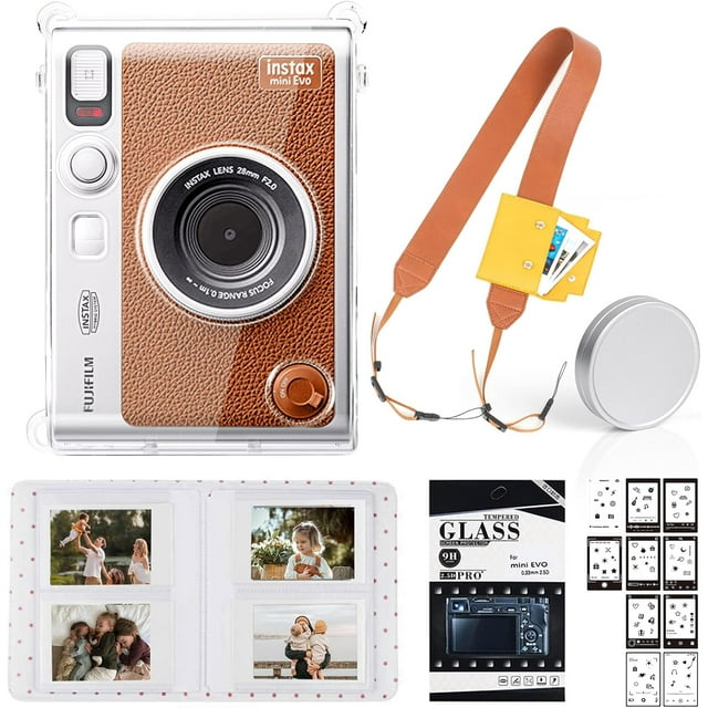 shiyou-WOGOZAN Accessories Kit for Fujifilm Instax Mini EVO Instax Camera, Including Mini EVO Clear Case, Lens Cap, Adjustable Brown Strap, Mini Photo Album, Screen Protector, DIY Sticker (No Camera)