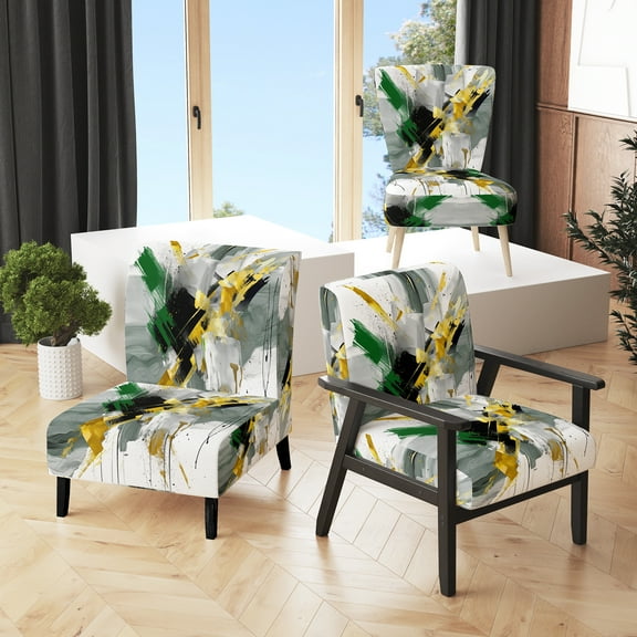 Designart "Abstracted Perspectives in Yellow and Green II" Yellow Abstract Upholstered Accent Chair - Modern Arm Chair For Living Room