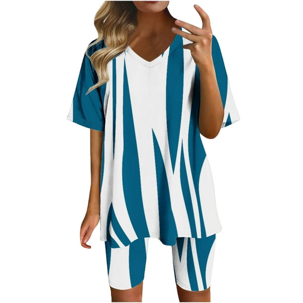 Blusas para las Mujeres Casual Impreso Cuello en V Manga Corta Blusa Pantalones Cortos, Conjuntos de Ropa para las Mujeres