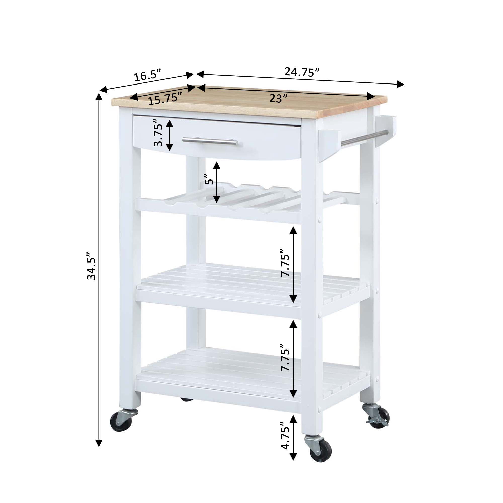 Convenience Concepts Ellaine 4 Tier Butcher Block Kitchen Cart with Drawer and Wine Rack, White/Butcher Block