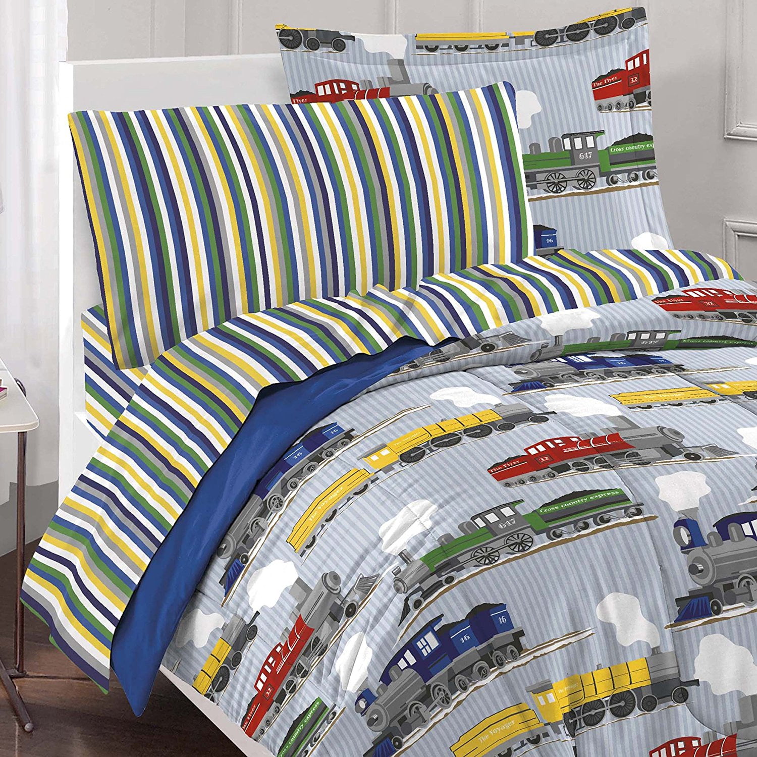 Trains Ultra Soft Microfiber Boys Comforter Set Blue Twin
