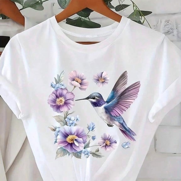 【New Arrival】Watercolor Hummingbird Purple Wildflower Floral Graphic T-Shirt, Women’s Elegant Nature Bird Short Sleeve Casual Tee