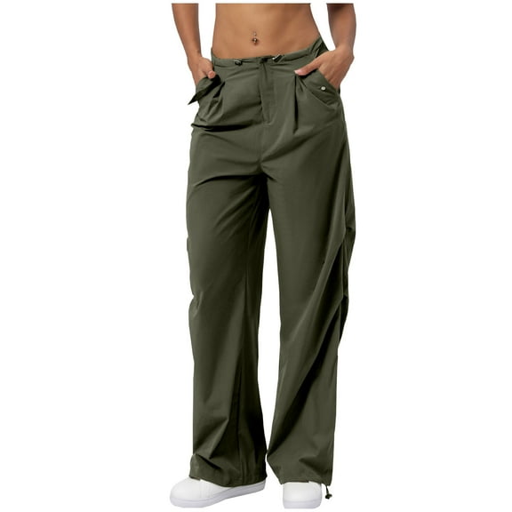gakvbuo Parachute Pants For Women Baggy Cargo Pants With Pockets Hiking Jogger Pants Drawstring High Rise Straight Leg Pants Sweatpants