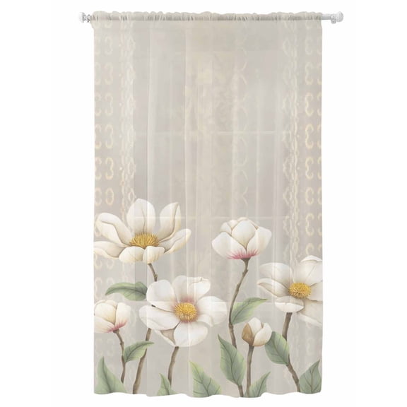 Sheer Curtains 96 Inches Long, White Floral Semi Sheer Curtains Light Filtering Window Treatment, Spring Botanical Vintage Flower Leaf Plant Privacy Voile Drapes for Living Room Bedroom 52x96 Inch
