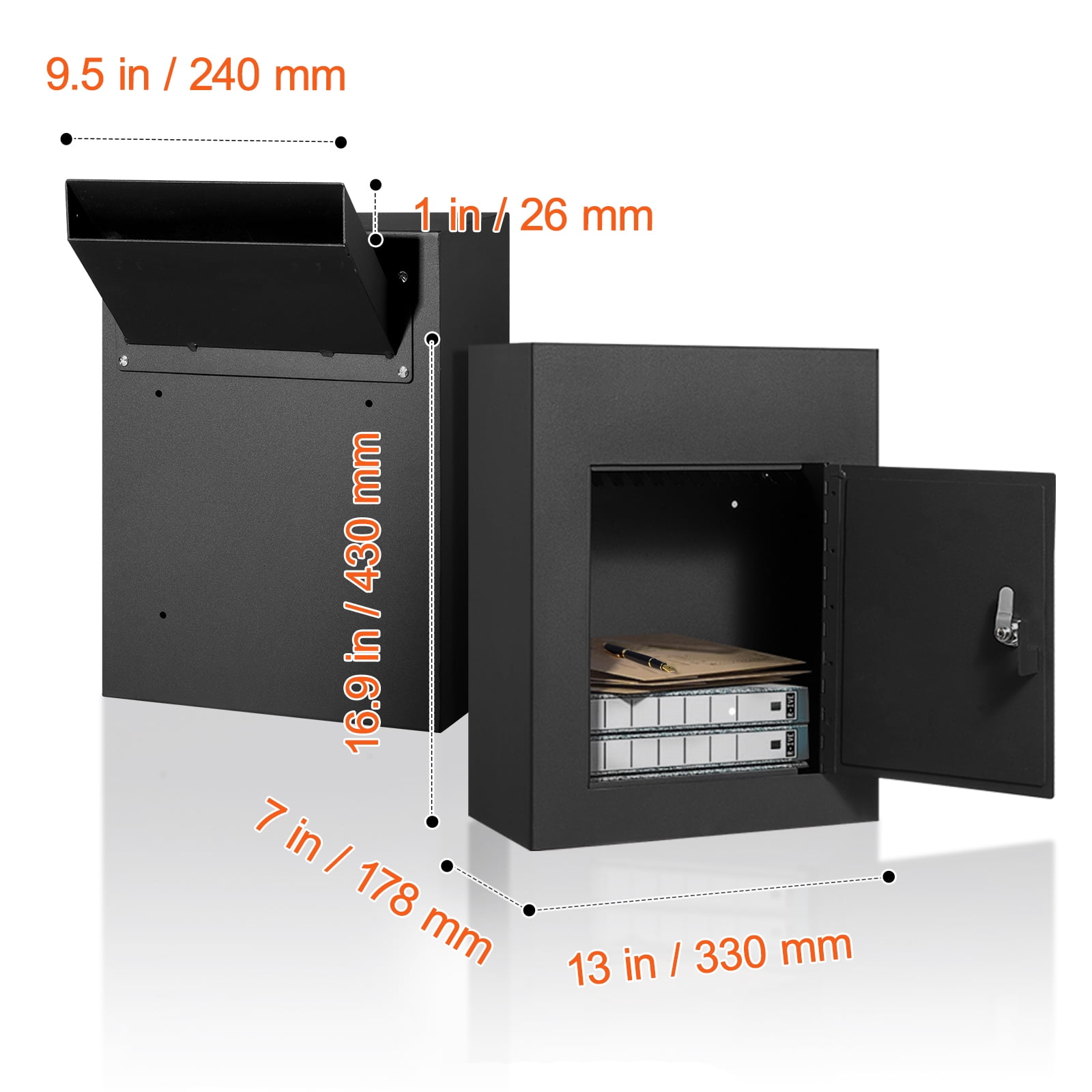 KFFKFF Secure Steel Drop Box for Wall Mounting, Adjustable Combination Lock (2.8-7.9" x 13"), Mail Deposit Box, 13x7x17 inches, Black