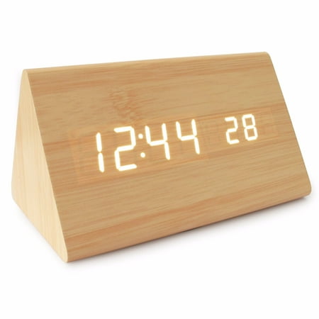 Wooden Wood Clock, 2019 New Version LED Alarm Desk Clock with Time Temperature USB/ AA Battery (Best Alarm Company 2019)