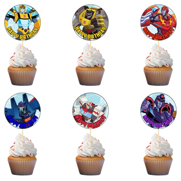 18x Transf Cupcake Toppers – Strong Picks Happy Birthday Décor, Cupcake Decorations for Kids Birthdays