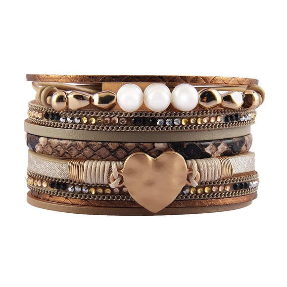 GelConnie Leather Cuff Bracelet Rope Multi Strands Leather Wrap Bracelet Charm Heart Leather Bracelet Wedding Bohemian Bracelet for Women Mother, Wife, Ladies, Lover Gift