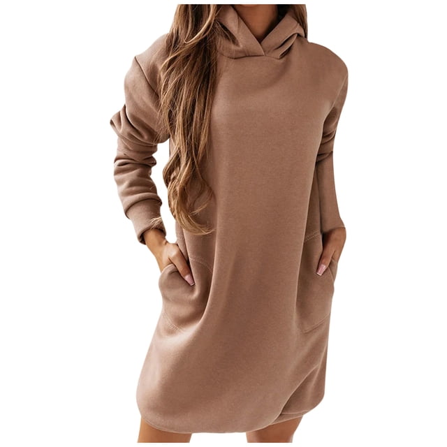 Krdevn Robe Chandail à Capuche à Manches Longues Couleur Unie Automne Hiver - Robe Décontractée à Capuche, Robe Chandail Chaude, Robe à Manches Longues Confortable, Robe à Capuche Mode pour Femmes, Taille TG