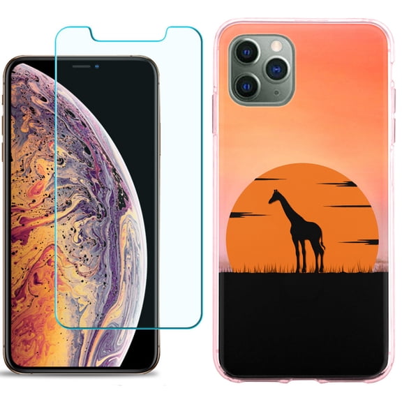 For Apple iPhone 11 PRO Case, Slim-Fit TPU Protective Phone Case (Pink Bezel) with Tempered Glass Screen Protector, by OneToughShield ® - Sunset Giraffe