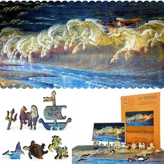 Wooden Jigsaw Puzzles for Adults - Uniquely Shaped Pieces - made in the USA by FoxSmartBox - 390 Pieces - Neptune's Horses