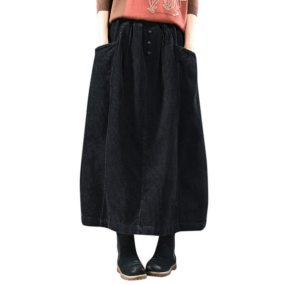 Riforla Skirts for Women Autumn Winter Corduroy Midi Long Skirt Elastic Waist A-Line Pleated for Casual Daily Wear Midi Skirt Black S
