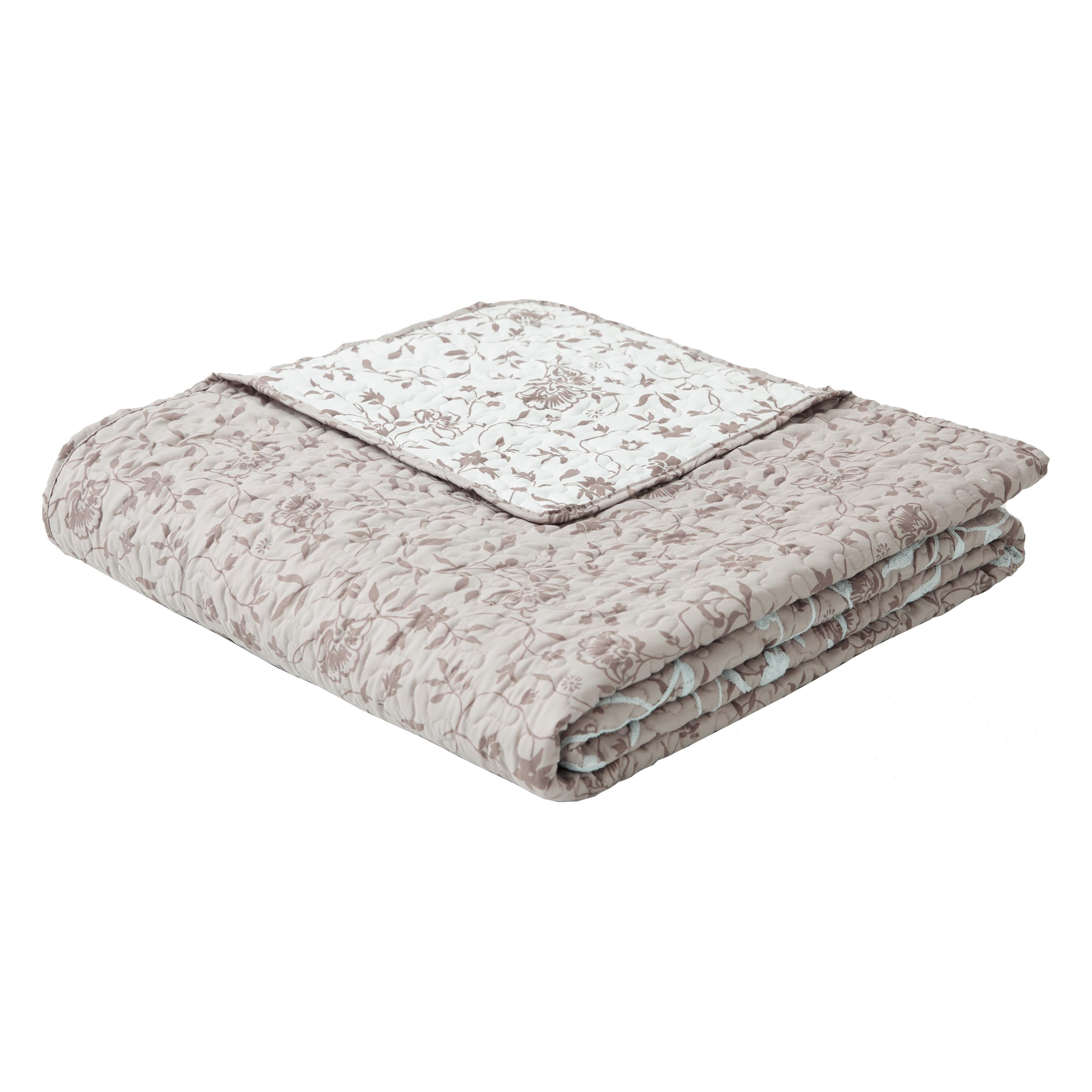 Kendall Vine Leaf Embroidery Taupe Neutral 2-Piece All-Season Reversible Soft Microfiber Quilt Set - Twin