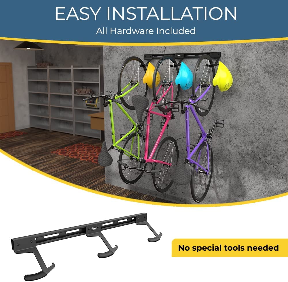 Koova Wall Mount Bike Storage Rack Garage Hanger for 3 Bicycles Helmets Fits All Bikes Even Large Cruisers Big Tire Mountain Bikes Heavy Duty Powder Coated Steel