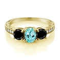 thumbnail image 2 of Gem Stone King 2.04 Ct Oval Blue Apatite Black Diamond 18K Yellow Gold Plated Silver Moissanite Ring (Size 6), 2 of 4