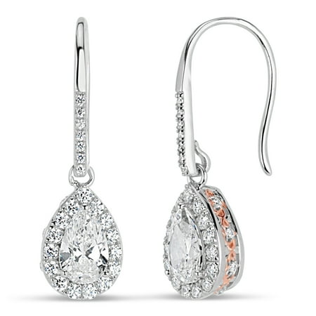 Pearshaped White Cubic Zirconia Sterling Silver 18k Rose Gold Over Sterling Silver Filigree Sides Fish Hook Earrings