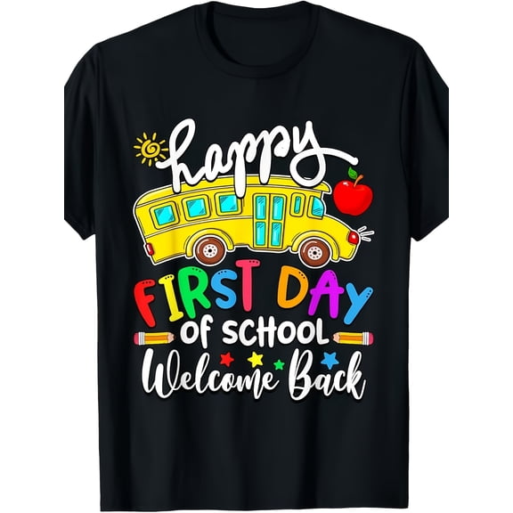 Happy First Day Of School Welcome Back Graphic Tee for Women, Cute Teacher Student Short Sleeve T-Shirt, Casual Crew Neck Top for School Bus Driver Gift