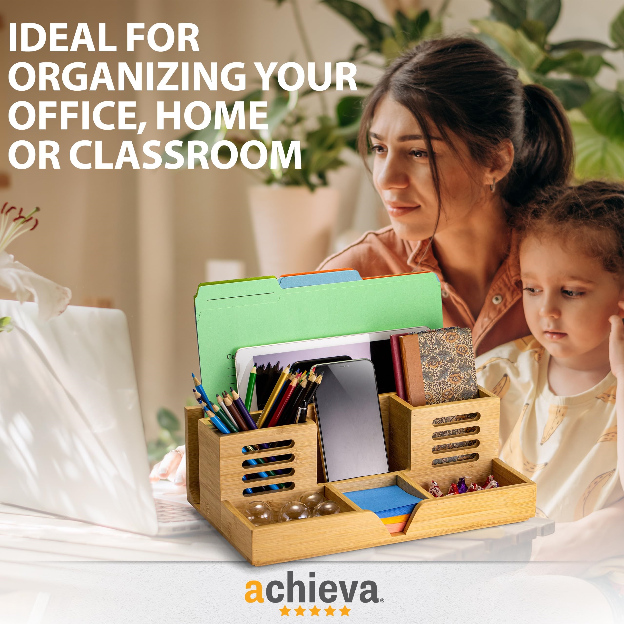 Officemate 71001 Bamboo Desk Organizer, 7 Compartments, 14.09 X 8.62 X 5.28, Natural Wood Grain, Bamboo