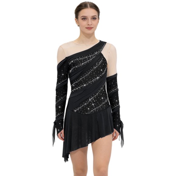 Manyakai Figure Skating Dress for Women Rhinestone Lyrcial Dresses Contemporary Dance Suit Black S