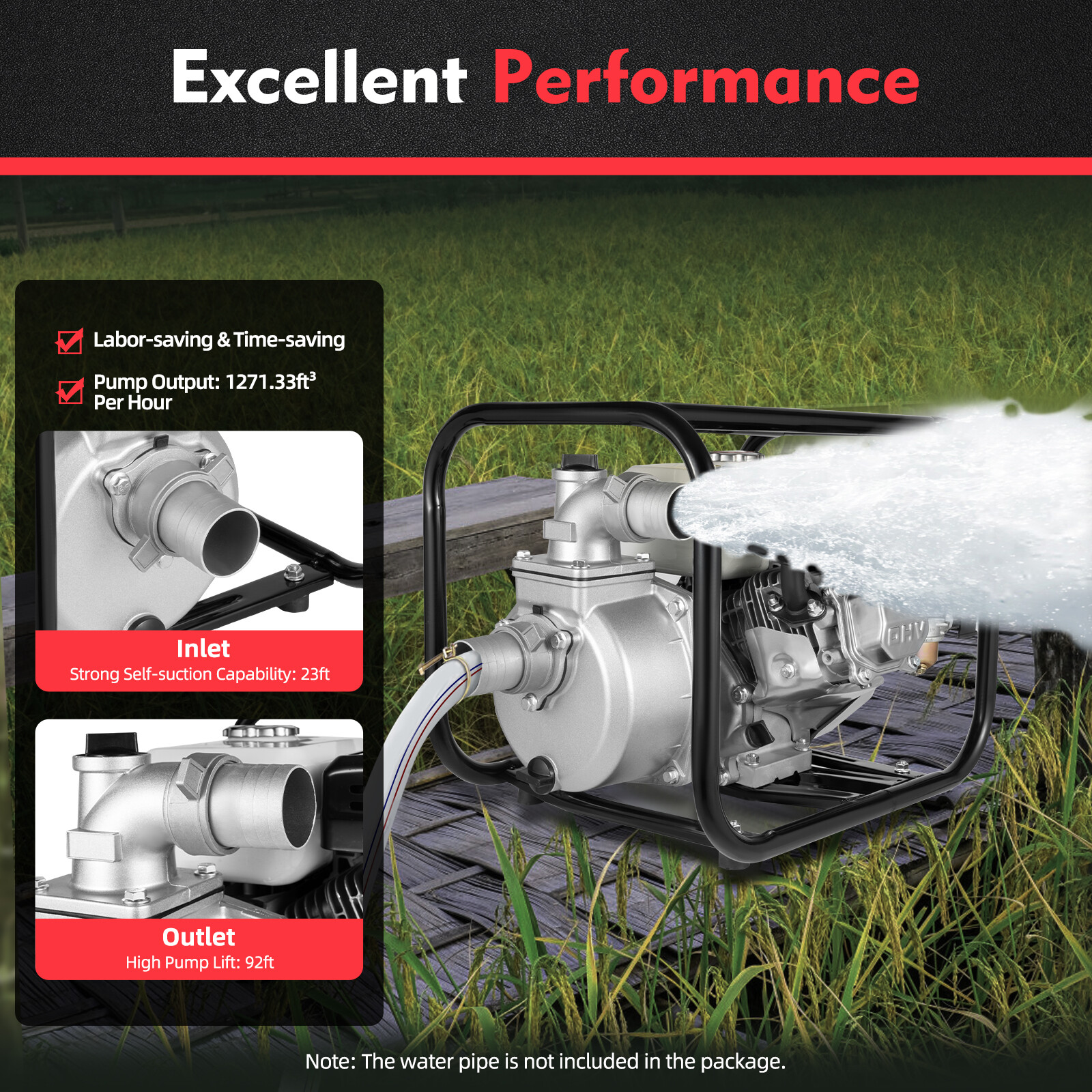 DENEST 2" Inch 6.5HP Gas Water Semi Trash Pump Gas-Power Water Irrigation Transfer Pump