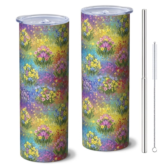 Pioneer Flower Floral Print Pattern 20oz Skinny Tumbler with Straw & Lid, Double Wall Vacuum Insulated Cup, Leak-Proof, Cup Holder Friendly, Hot 6H Cold 12H