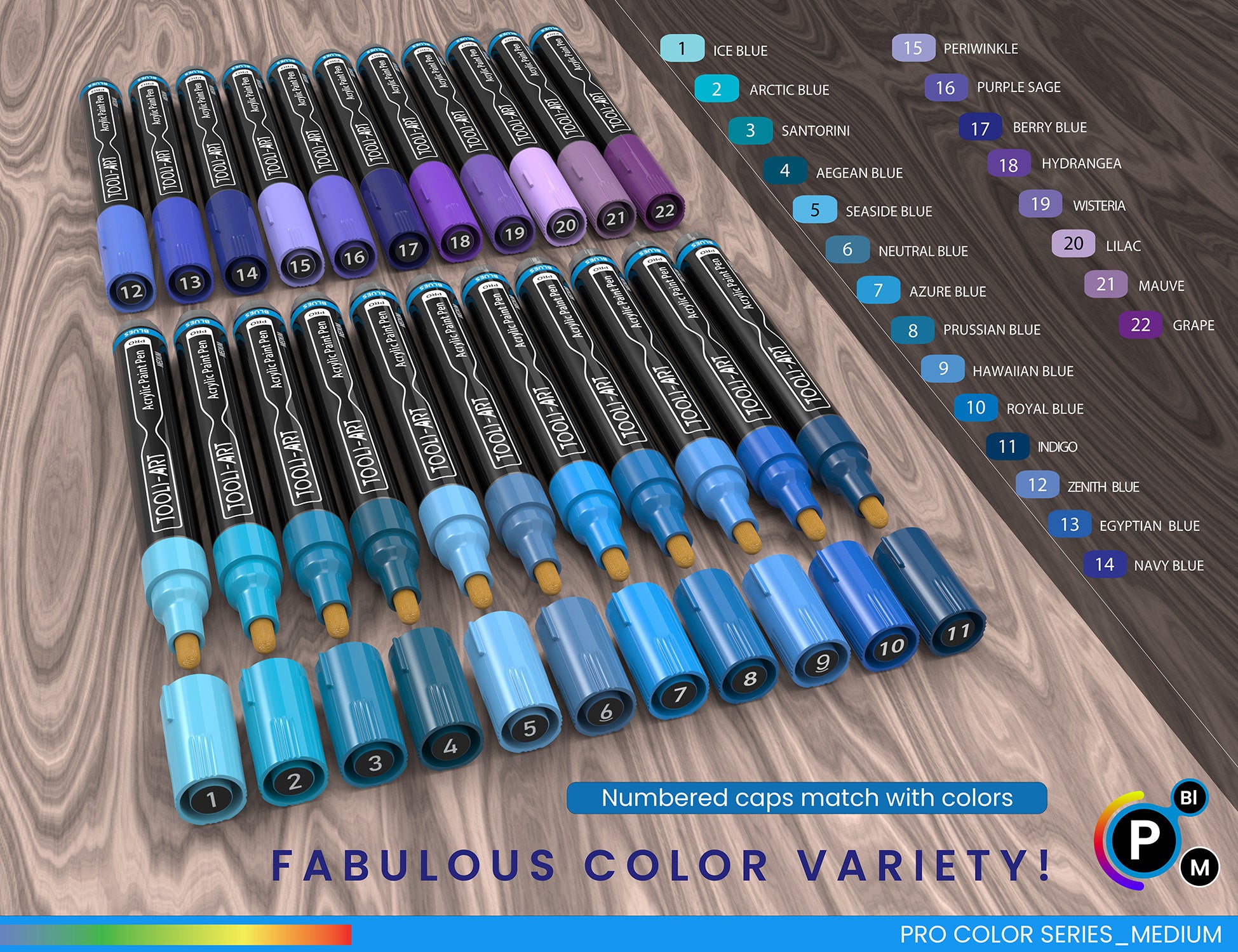 Tooli-Art Acrylic Paint Pens Blues and Purple Pro Color Series with 3mm Medium Tip Marker Set of 22